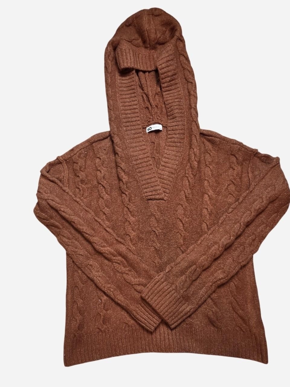 SO Women's Hooded Cable V-Neck Sweater - Brown